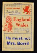 1934 Wales v England Rugby Programme: Standard Wales issue of the era for this Cardiff game