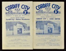 Cardiff City v Leeds Utd 1951/52 football programme v Bolton Wanderers 1952/53 match programmes. (