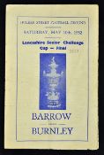 1952 Lancashire Senior Cup Final Barrow v Burnley football programme at Holker Street 10 May 1952