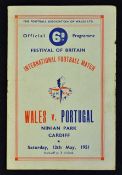 Festival of Britain match programme Wales v Portugal at Cardiff dated 12 May 1951 Good, slight