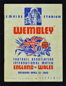 1939/40 War abandoned football season, war time international match at Wembley England v Wales match
