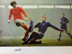George Best and Ron Harris Football Print a colour print depicting Best shooting past Harris as he