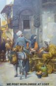 Oil on canvas, middle eastern street scene with metalworker,