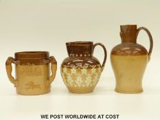 Doulton Lambeth tyg with relief moulded stag hunting scene,