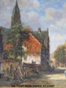 Pair of oils on board of 19th century continental streets scenes, in ornate gilt frames,