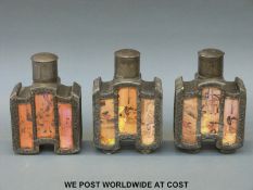 Three Chinese pewter tea caddies decorated with Chinosserie scenes (H17cm)