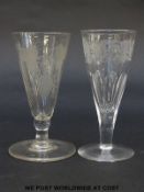 Two Georgian dwarf ale glasses both with engraved decoration of hops and barley to the bowl over