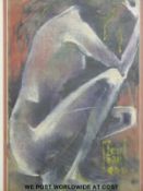 A painting of a nude on fabric signed Leudar 94 and a pastel of a reclining nude,