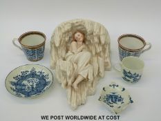 Early Worcester leaf shaped pickle dish in Two Peony Rock Bird pattern with c1756 workman's mark;