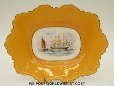 Royal Crown Derby cabinet plate hand decorated with a three masted sailing ship and a lugger,