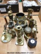 A quantity of brassware to include candlesticks, vases, a dog inkwell,