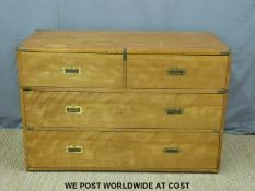 A mahogany and satinwood brass-bound campaign style chest of two over three drawers with recessed