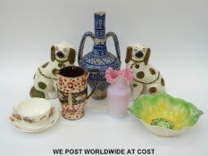 A small collection of ceramics including Staffordshire dogs, twin handled Indian pottery vase,