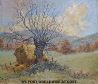 John E Barker of Bath oil on canvas laid on board of a pollarded tree,