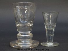 A Georgian firing glass with tapered bucket bowl engraved 'Sherbourne Lodge 1004' raised on a thick