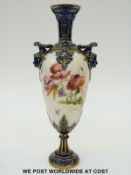 Royal Worcester twin handled pedestal vase hand decorated with flowers and insects,