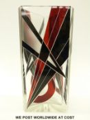 Karl Palda Art Deco glass vase of triangular form with black and red flash overlaid and etched