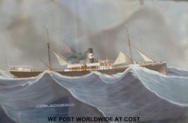 Maritime watercolour of a ship, titled lower left 