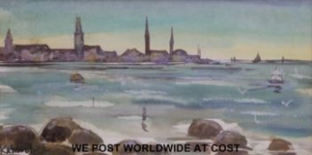 Yelana Kabischer Russian watercolour, possibly Russian coastline scene (11 x 22.