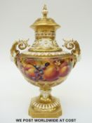 Royal Worcester painted fruit twin handled lidded pedestal vase signed P.