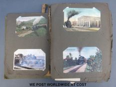 Early 20th century postcard album including steam trains, Californian steam boat, shipping/liners,