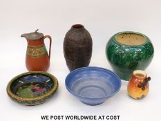 Susie Cooper signed bowl, Prattware jug, Indian pottery jardiniere, Gouda dish,