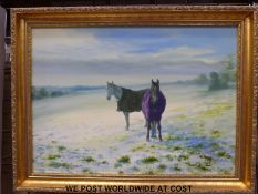 Jack Russell oil on canvas of two horses in a snowy landscape, script verso 'Good Friends,