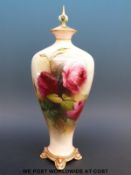 Royal Worcester footed and lidded vase hand decorated with roses,