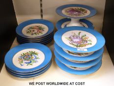 A continental painted ceramic dessert set to include ten plates and six tazza