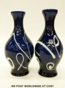 Whitefriars for J Wuidart & Co pair of blue glass vases with white spiralling decoration designed