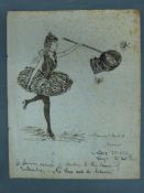 Joseph Conrad pen and ink sketch of a girl with a net trying to catch fairies,
