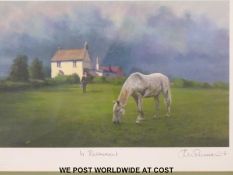 Jack Russell signed print 'In Retirement' horse grazing with house beyond,