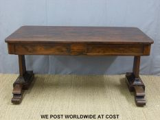 A 19thC rosewood library or sofa table with two straight drawers on two tapering supports with