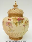 Royal Worcester blush ivory lidded pedestal pot pourri decorated with flowers,
