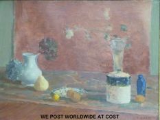 Tom Espley oil on canvas 'Still Life' with gallery label verso (30 x 40cm)