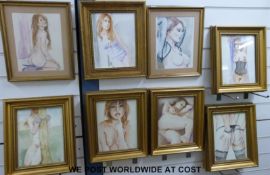 A set of eight framed watercolours of female nudes,