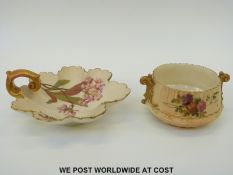 Royal Worcester blush ivory leaf shaped dish and twin handled sucrier, both decorated with flowers,
