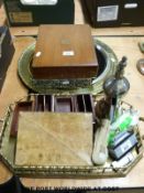 A mahogany cased fish canteen, leather Nile Valley album, desk organiser, galleried tray,