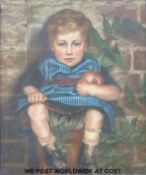 A 19th/early 20thC oil on canvas boy sitting in a plant pot grasping an apple (59 x 49cm)