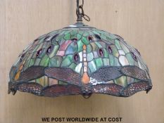 A Tiffany style glass lamp shade decorated with dragonflies (drop from ceiling boss 60cm,