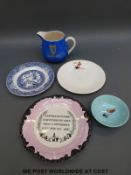 Three Guinness plates including the willow pattern example,