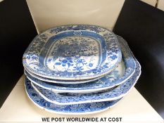 Five large blue and white meat plates including Chinese example and another with Indian palace