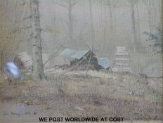 John Reaney framed pastel of wooded encampment (20x25cm)