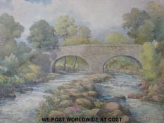 James Allen Shuffrey BWS (1859-1939) signed watercolour on board of a bridge and river scene,