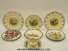 Bristol Pottery five plates hand decorated with flowers and signed Cecil B Garland,