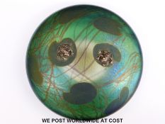 John Ditchfield for Glassform iridescent glass paperweight in the form of a pond with applied white