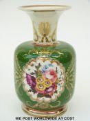 Chamberlains Worcester pedestal vase with hand decorated cartouche of roses, auriculas,