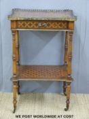 A 19thC French mahogany parqueting two tier whatnot with single drawer,