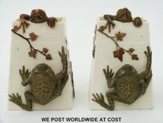 Royal Worcester pair of Aesthetic Period figural conical vases with applied frog and ivy leaf