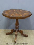 A 19th century octagonal mahogany parquetry specimen wood table supported by a single tapering